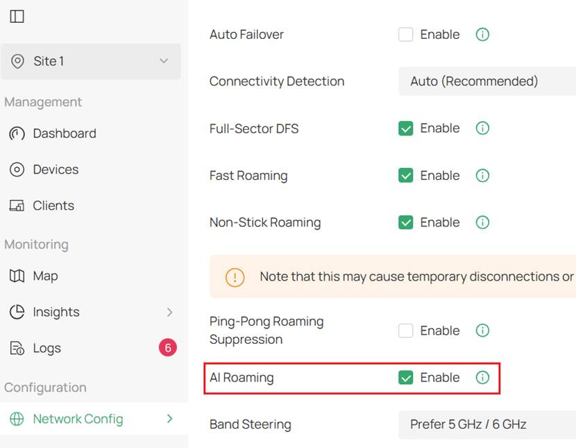 Wireless features settings page on Omada Controller with AI Roaming enabled.