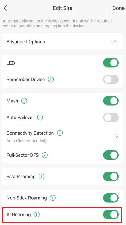 Wireless features settings page on Omada App with AI Roaming enabled.