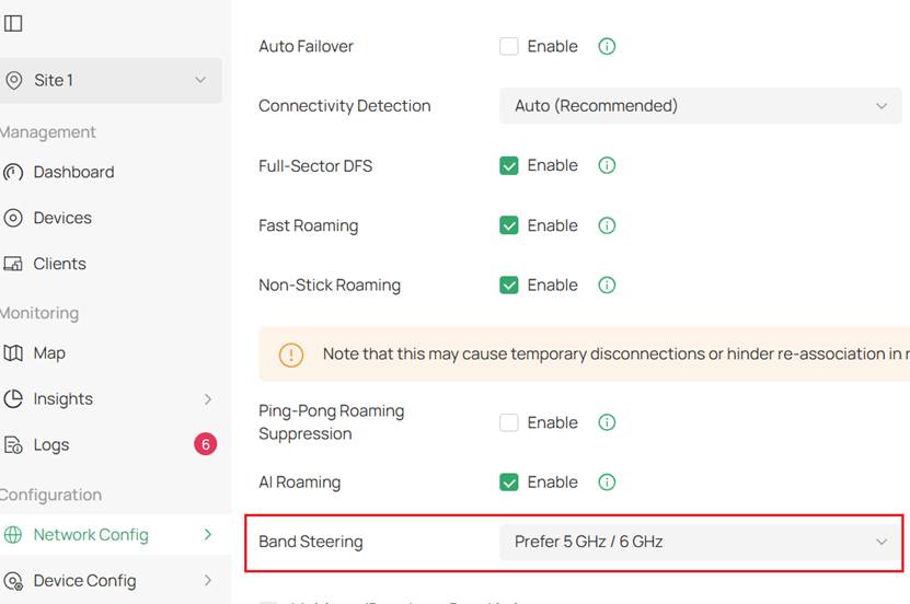 Wireless features settings page on Omada Controller with Band Steering configured to prefer 5GHz/6GHz.