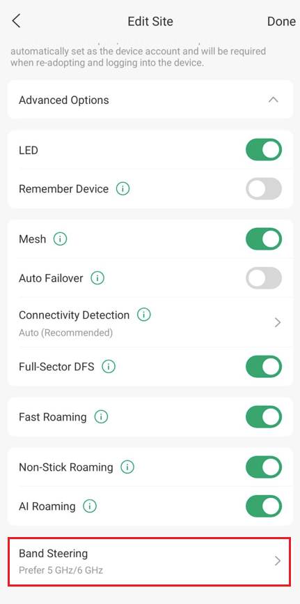 Wireless features settings page on Omada App with Band Steering configured to prefer 5GHz/6GHz.