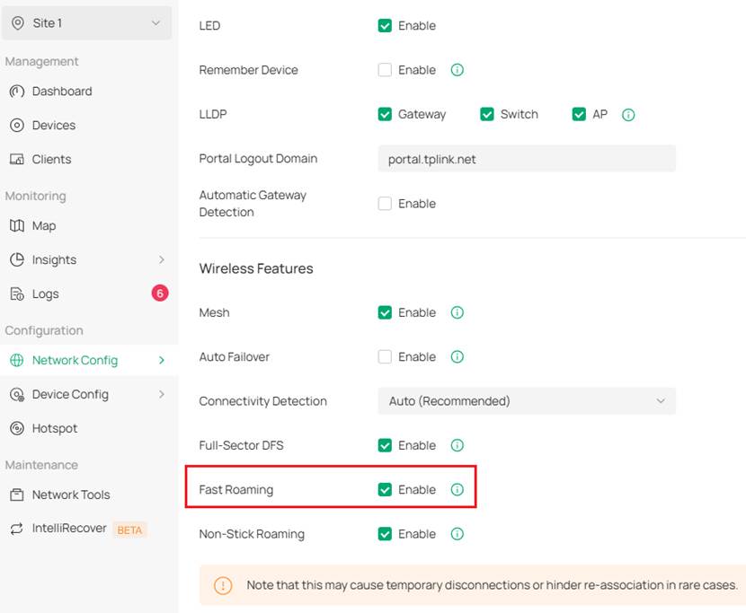 Site settings page in Omada Controller with the Fast Roaming feature enabled.