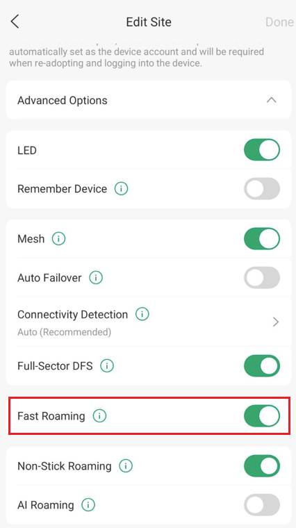 Site settings pages on the Omada App with Fast Roaming enabled.