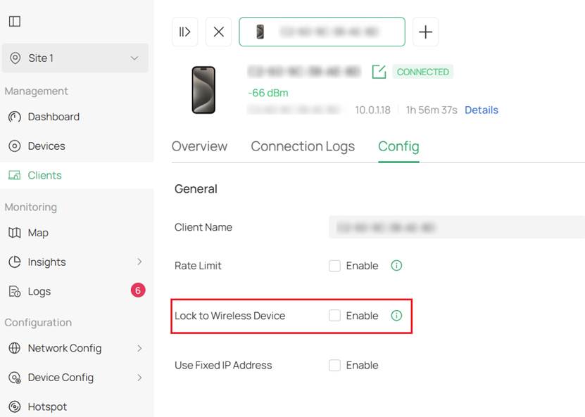 Client Config settings page on Omada Controller focusing on the Lock to Wireless Device setting.