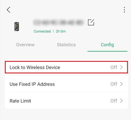 Client Config settings page on Omada App focusing on the Lock to Wireless Device setting.