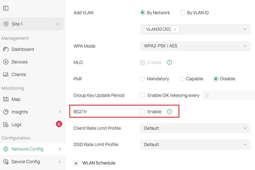 Advanced settings page of WLAN in Omada Controller focusing on the 802.11r feature.