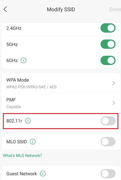 Advanced settings page of WLAN in Omada App focusing on the 802.11r feature.