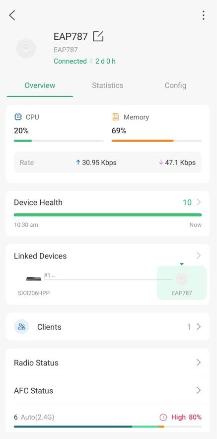AP overview settings on Omada App looking at statistics related to CPU usage, memory usage, device health, and linked devices.