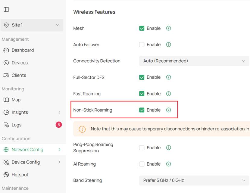 Wireless features settings page on Omada Controller with Non-stick roaming feature enabled.
