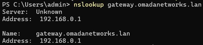 Using the nslookup command to verify LAN DNS resolution.