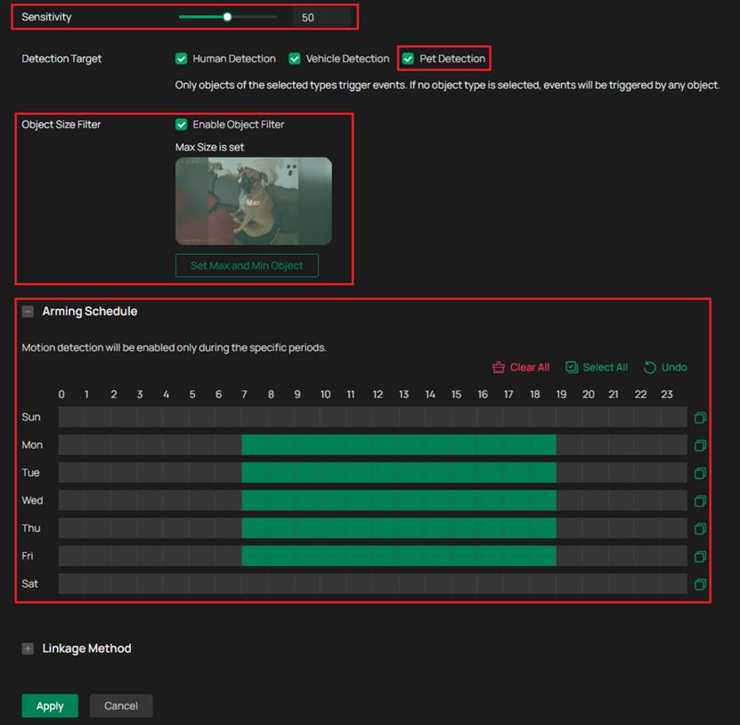 The location of Sensitivity, Pet Detection, Object Size Filter and Arming Schedule.