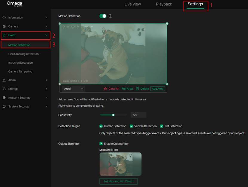 Selecting Settings, Event, Motion Detection to find the path for Pet Detection
