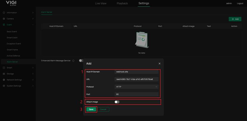 Enter the alarm server’s information.
