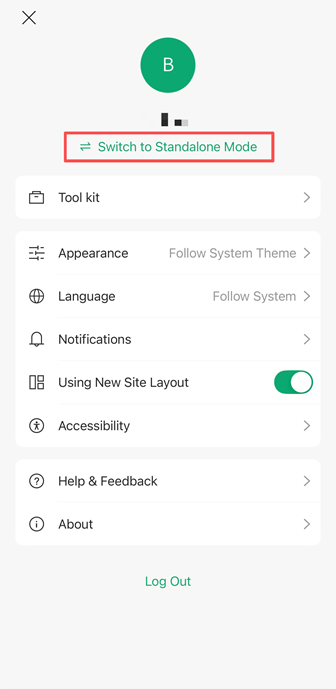 Switch to Standalone Mode button is under the Profile icon.