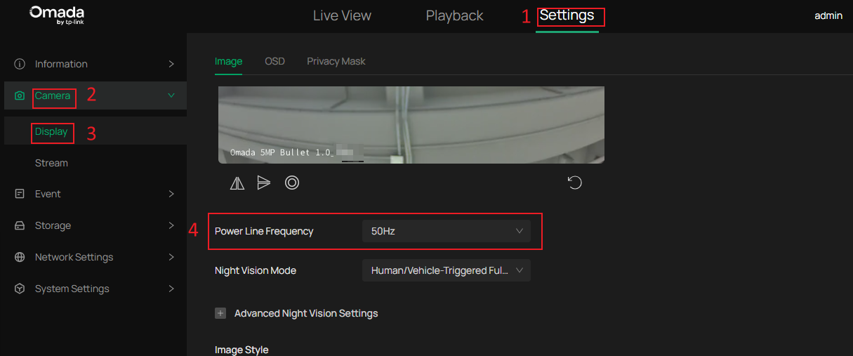 Power Line Frequency configuration in the Image Settings