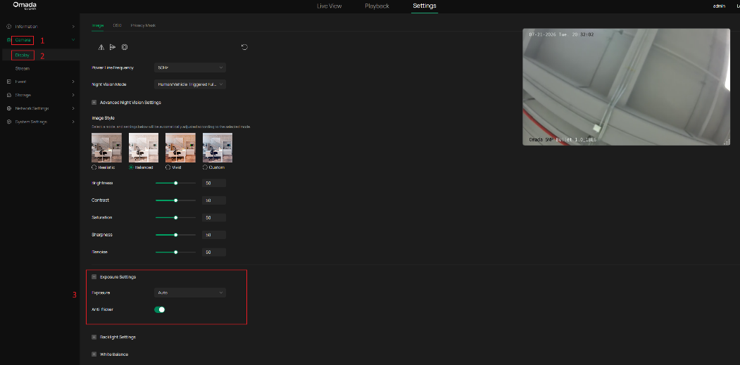 Anti-flicker toggle in the Display > Image settings