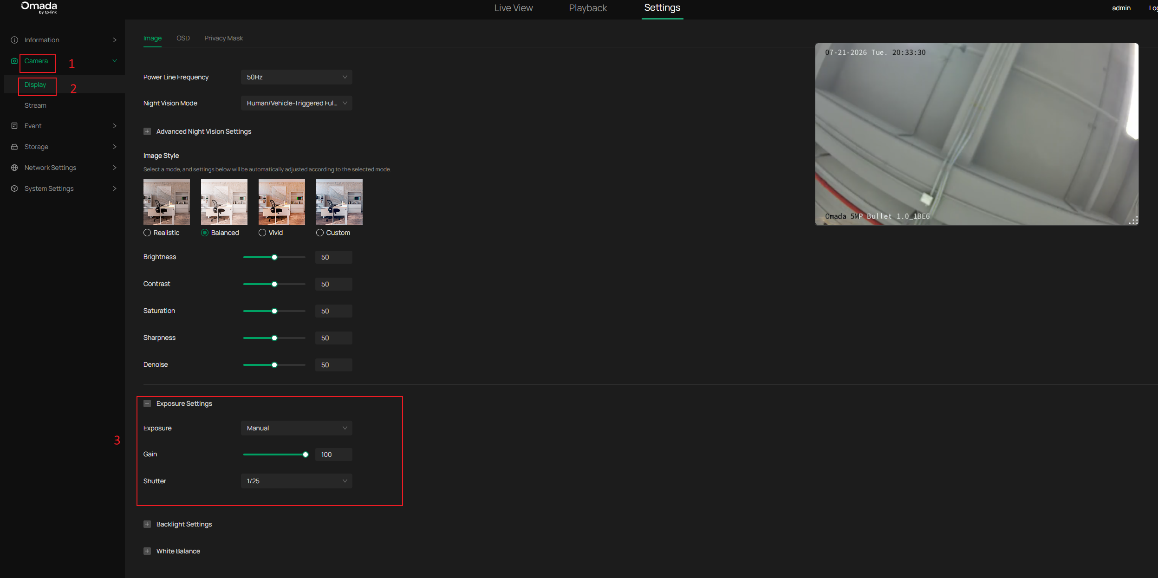 Exposure Gain and Shutter configuration in the Exposure Settings