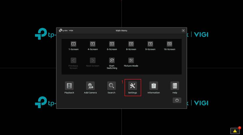 VIGI NVR main menu with the Settings button highlighted