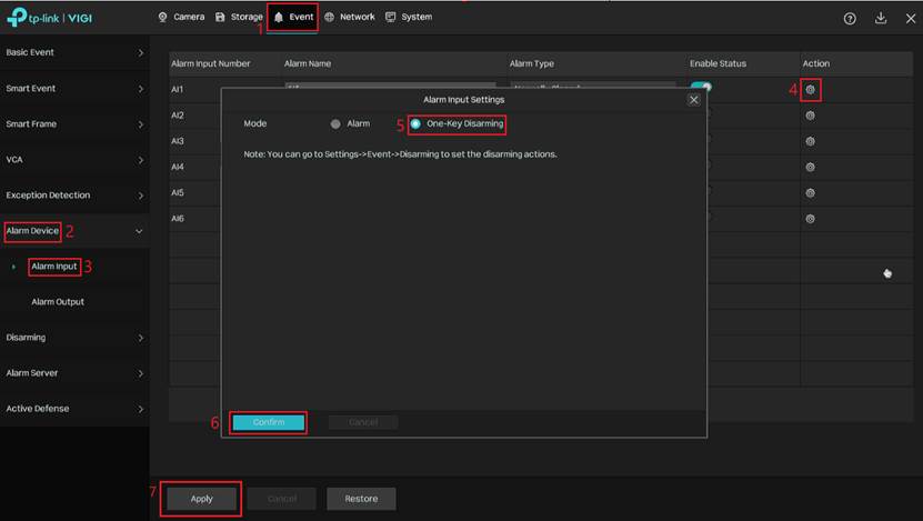 VIGI NVR Alarm Input Settings window with One-Key Disarming selected for AI1