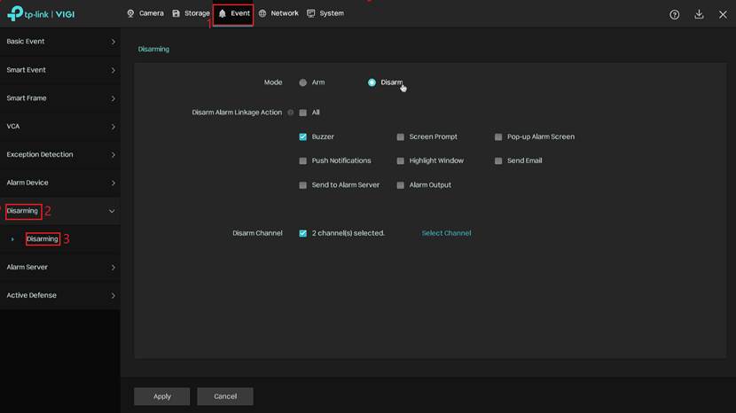 VIGI NVR Disarming page with Disarm mode and selected alarm linkage actions