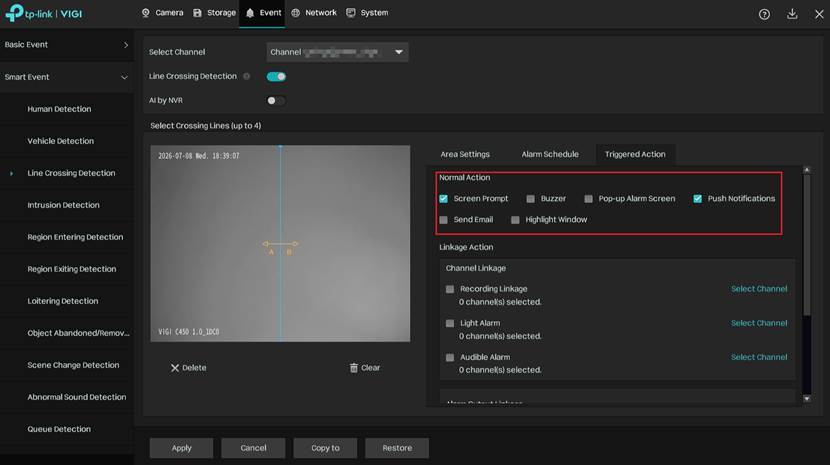 VIGI NVR event page showing Normal Action and Linkage Action settings