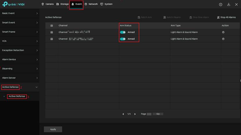 VIGI NVR Active Defense page showing Armed status for selected channels