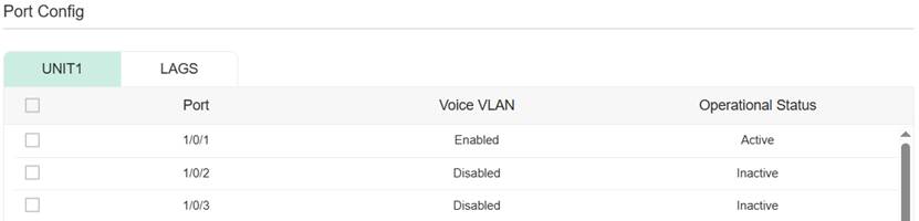 Voice VLAN Port Config page with Voice VLAN enabled on port 1