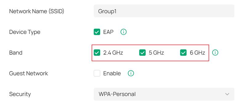 Omada controller page with all available bands enabled for a SSID