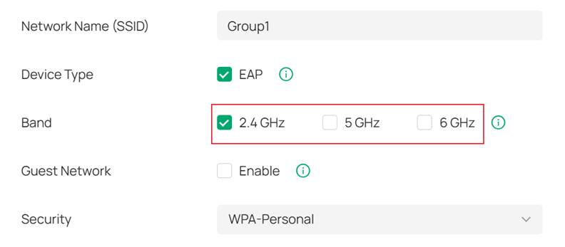 Omada controller page with only the 2.4GHz band enabled for a SSID