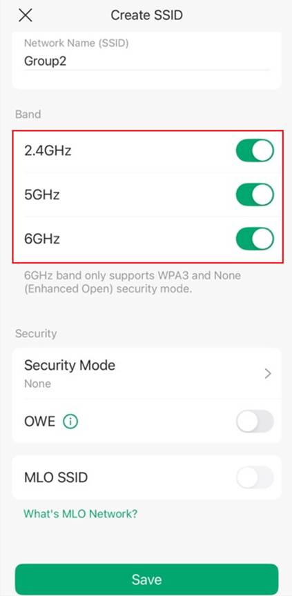 Enable all bands by default, including 2.4 GHz, 5 GHz, and 6 GHz on the Create SSID page.