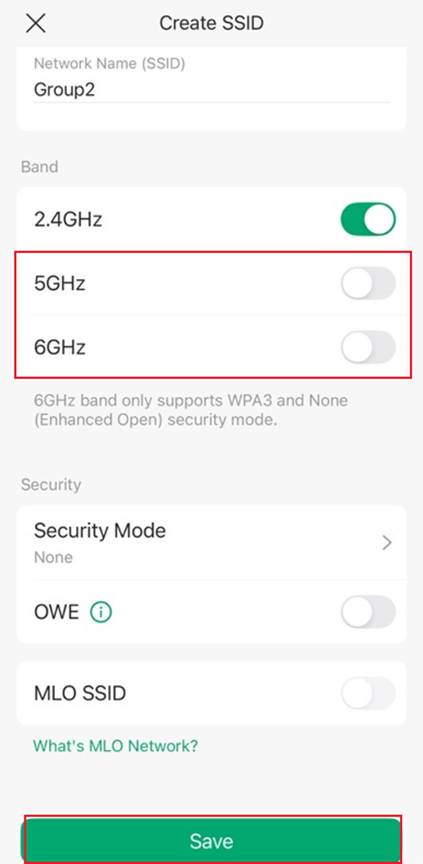 Disable the 5GHz and 6GHz bands for a SSID on the Create SSID page.