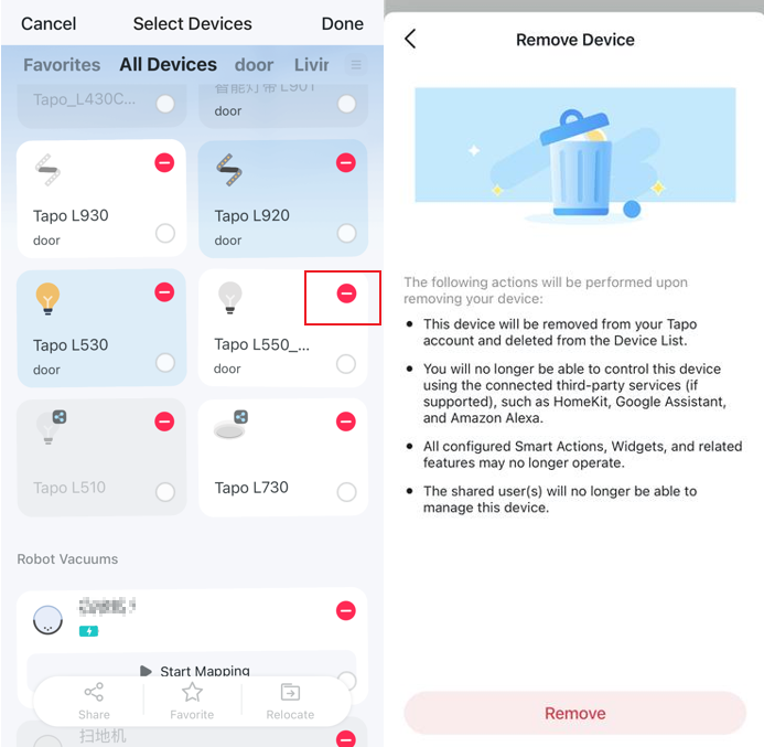 Split-screen screenshot demonstrating the process of removing a bound Tapo L550 smart device in the Tapo app.