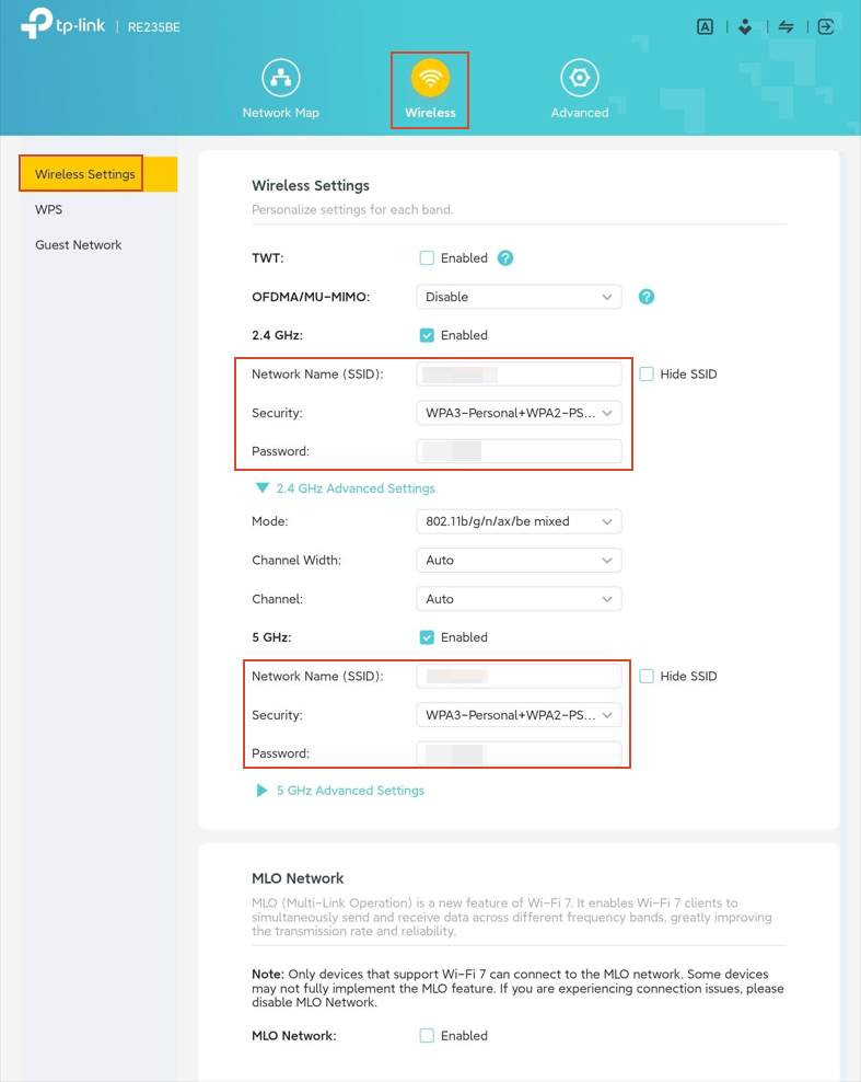 The Wireless Settings page to change the SSID, Security, and password settings.