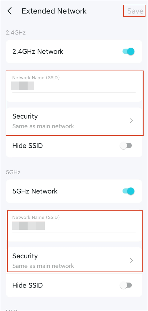 The Extended Network page with 2.4GHz Network toggle, 5GHz network toggle, Hide SSID toggle, and options to change Wi-Fi name, password, and security type.