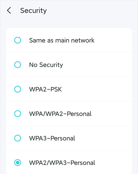 The Security page with a few options and the WPA2/WPA3-Personal selected.