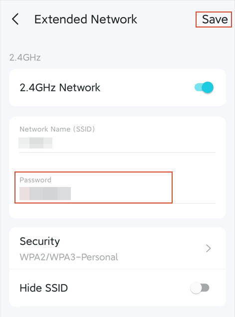 The Extended Network page with the Password input available.