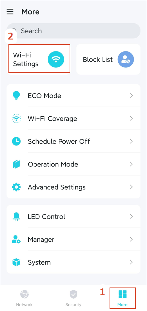 The More page with the Wi-Fi Settings highlighted.