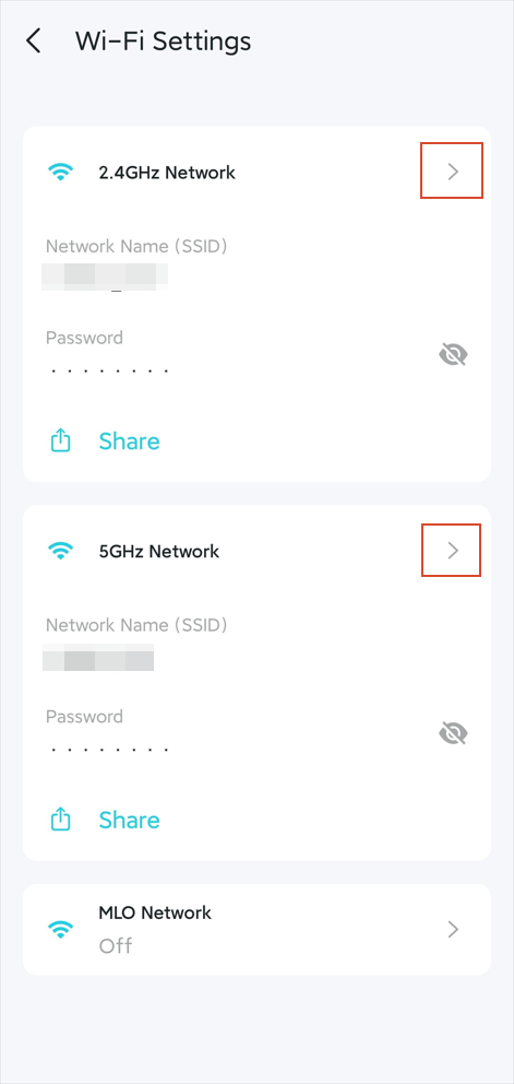 The Wi-Fi Settings page with expanded arrows for 2.4GHz and 5GHz highlighted.