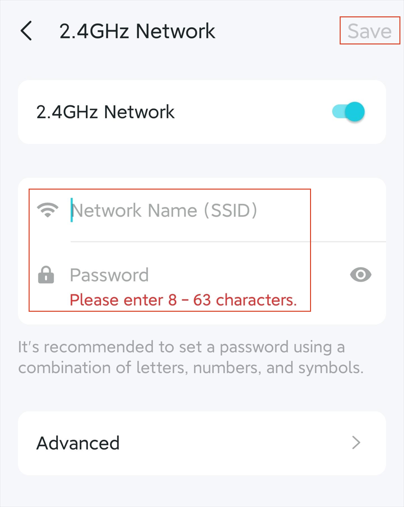 The 2.4GHz Network page with 2.4GHz Network toggle, Advanced option, Network Name input, and Password input.