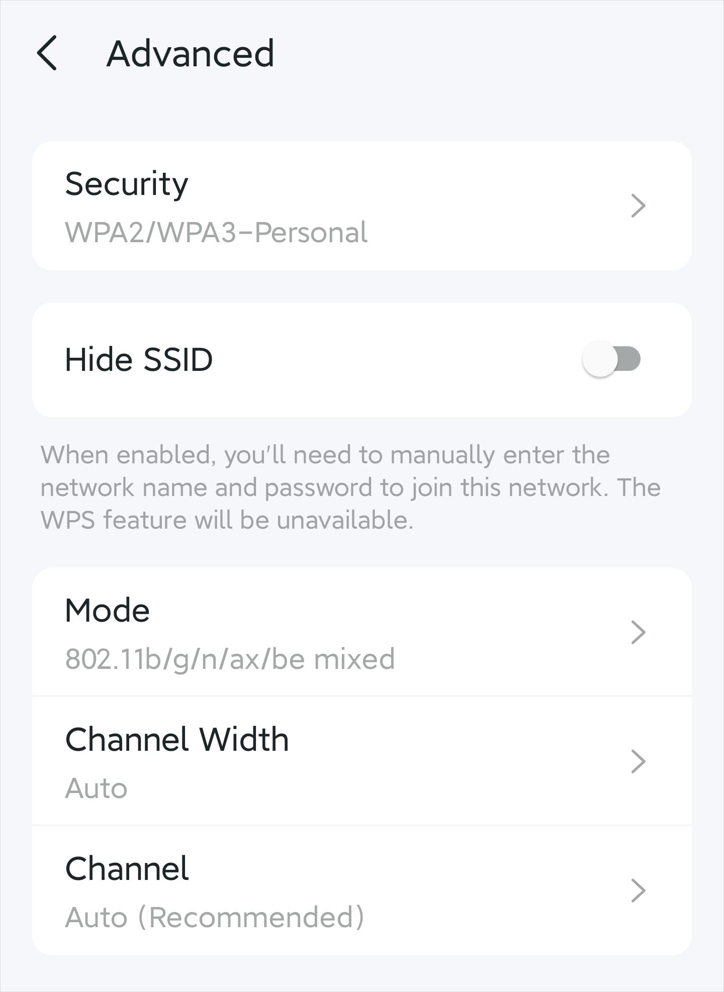The Advanced page with options to hide SSID, change Mode, Channel Width, and Channel.