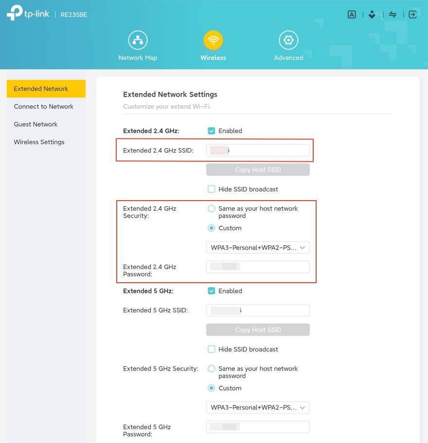 The Extended Network settings page to change the SSID, Security, and password settings.