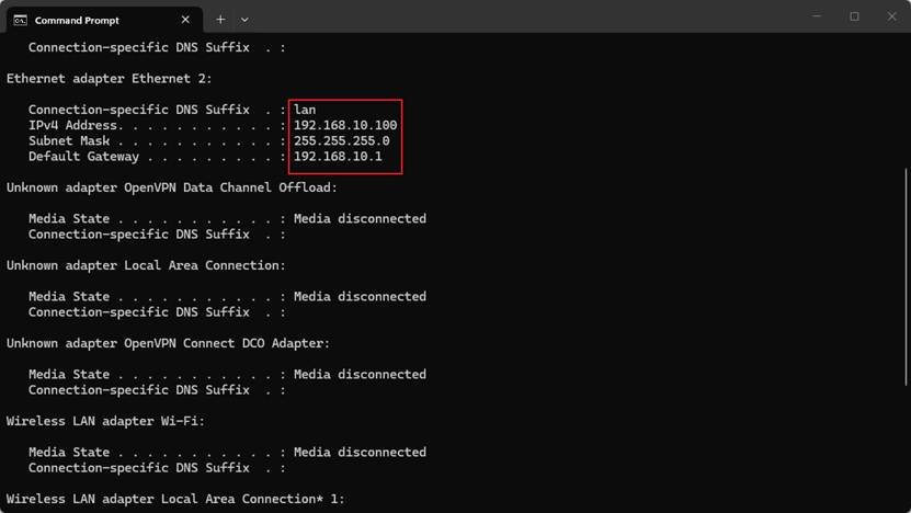IP address for access port for VLAN10.
