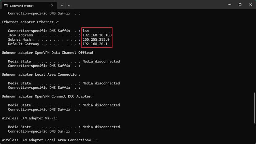 IP address for access port for VLAN20.