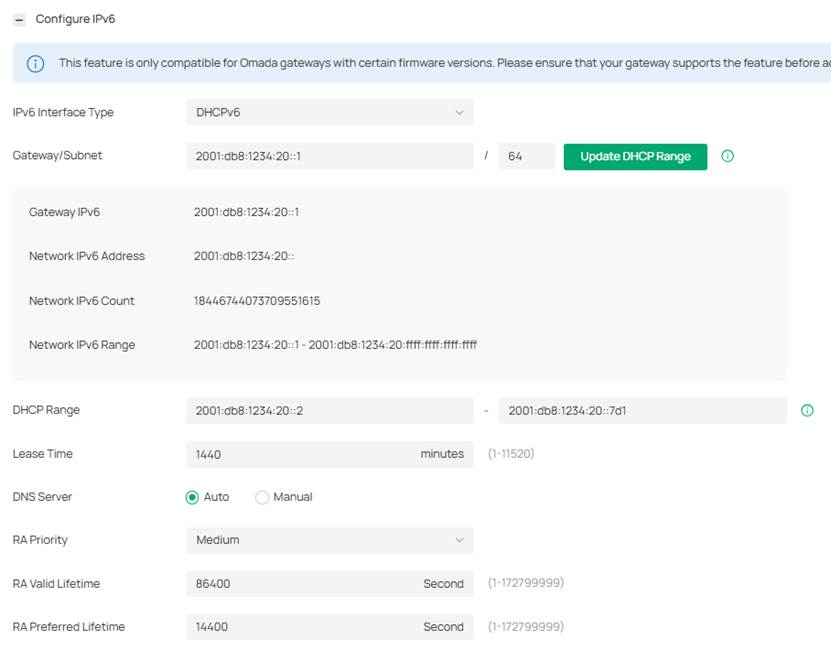 Omada Controller DHCPv6 LAN settings with subnet, address range, lease, DNS, and RA options