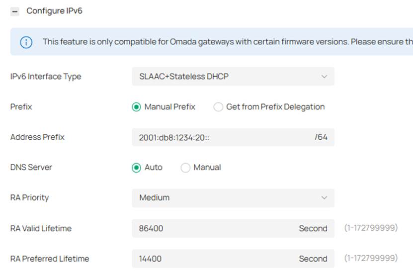 Omada Controller SLAAC plus Stateless DHCP settings with manual prefix and RA options