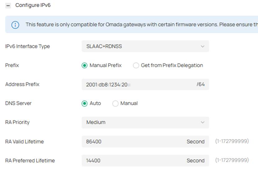Omada Controller SLAAC plus RDNSS settings with manual prefix, DNS, and RA options