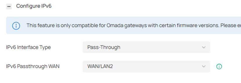 Omada Controller LAN IPv6 settings with Pass-Through and WAN/LAN2 selected