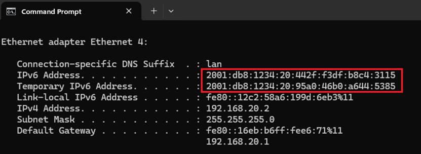 Windows Command Prompt showing global and temporary IPv6 addresses on Ethernet 4