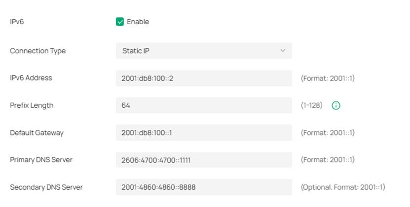 Omada Controller Static IP IPv6 settings with address, prefix, gateway, and DNS fields