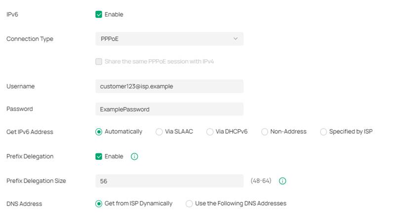 Omada Controller PPPoE IPv6 settings with account, address, prefix, and DNS options