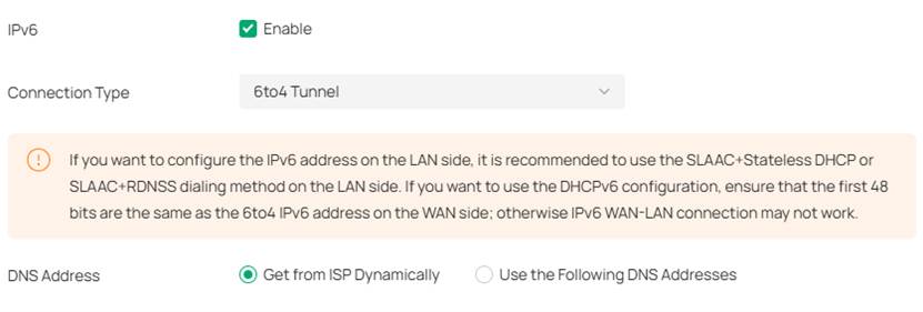 Omada Controller IPv6 settings with 6to4 Tunnel selected